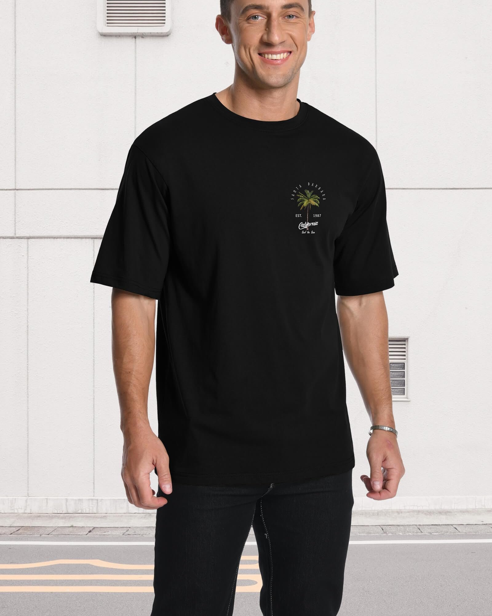 Mens Graphic T-Shirts Short Sleeve Palm Tree Print Summer Top Crewneck Cotton Casual California Tees for Men Black - Image 7