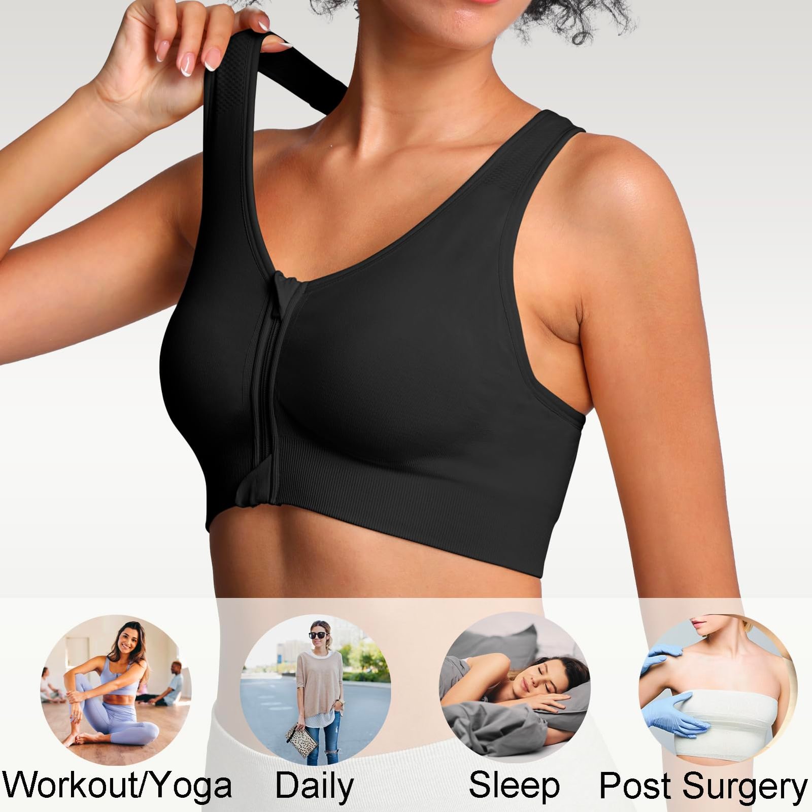 Lemef Sports Bras for Women Full Support Front Zip Closure Compression Bras Post Surgery Wireless Racerback Sport Brassiere Black L - Image 3