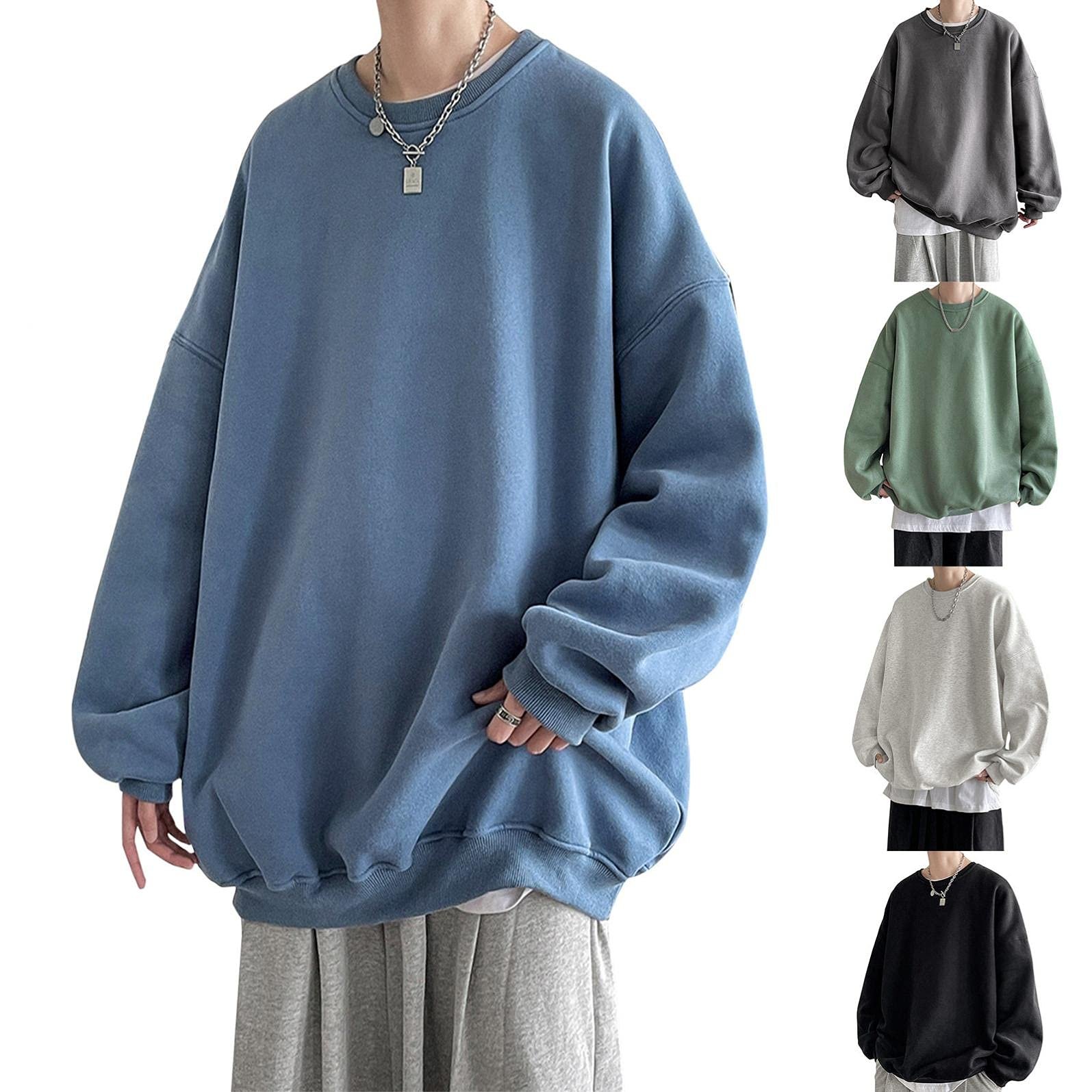 HGOOGY Mens Pullover Sweatshirt Big and Tall Casual Crewneck Oversized Sweater Relaxed Fit Solid Base Shirt Tops(S-5XL), A-black, X-Large - Image 3