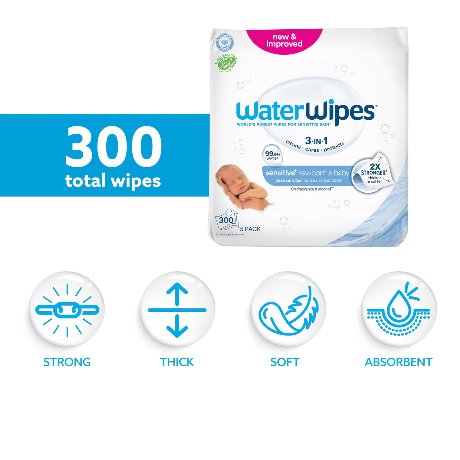 WaterWipes Sensitive+ Newborn & Baby Wipes, 3-In-1 Cleans, Cares, Protects, 99.9% Water, Unscented & Hypoallergenic, 300 Count (5 Packs) - Image 11