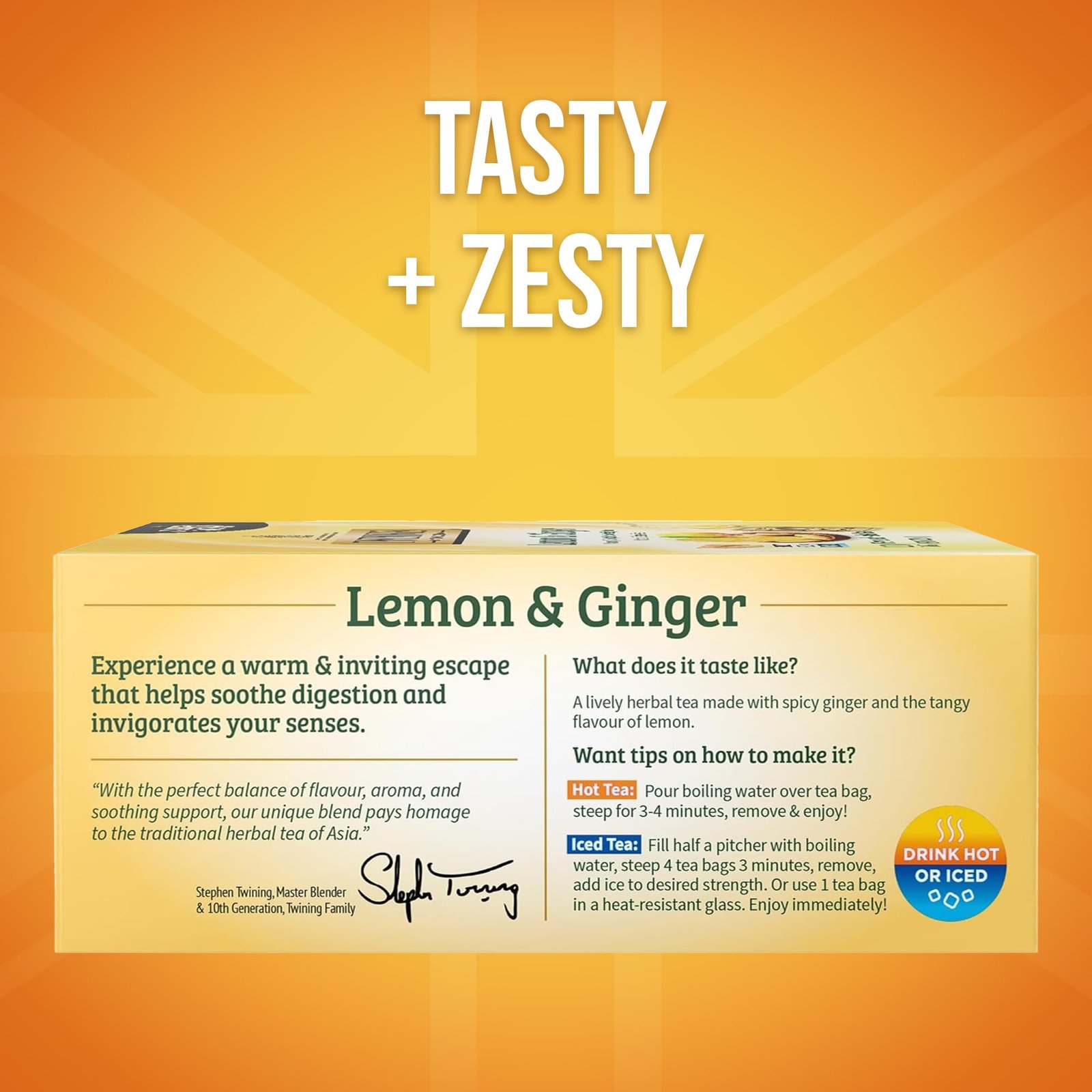 Twinings Lemon & Ginger Herbal Tea Individually Wrapped Bags, 100 Count (Pack of 1), Tangy Lemon, Spicy Ginger, Naturally Caffeine-Free, Enjoy Hot or Iced, 100 Teabags - Image 7