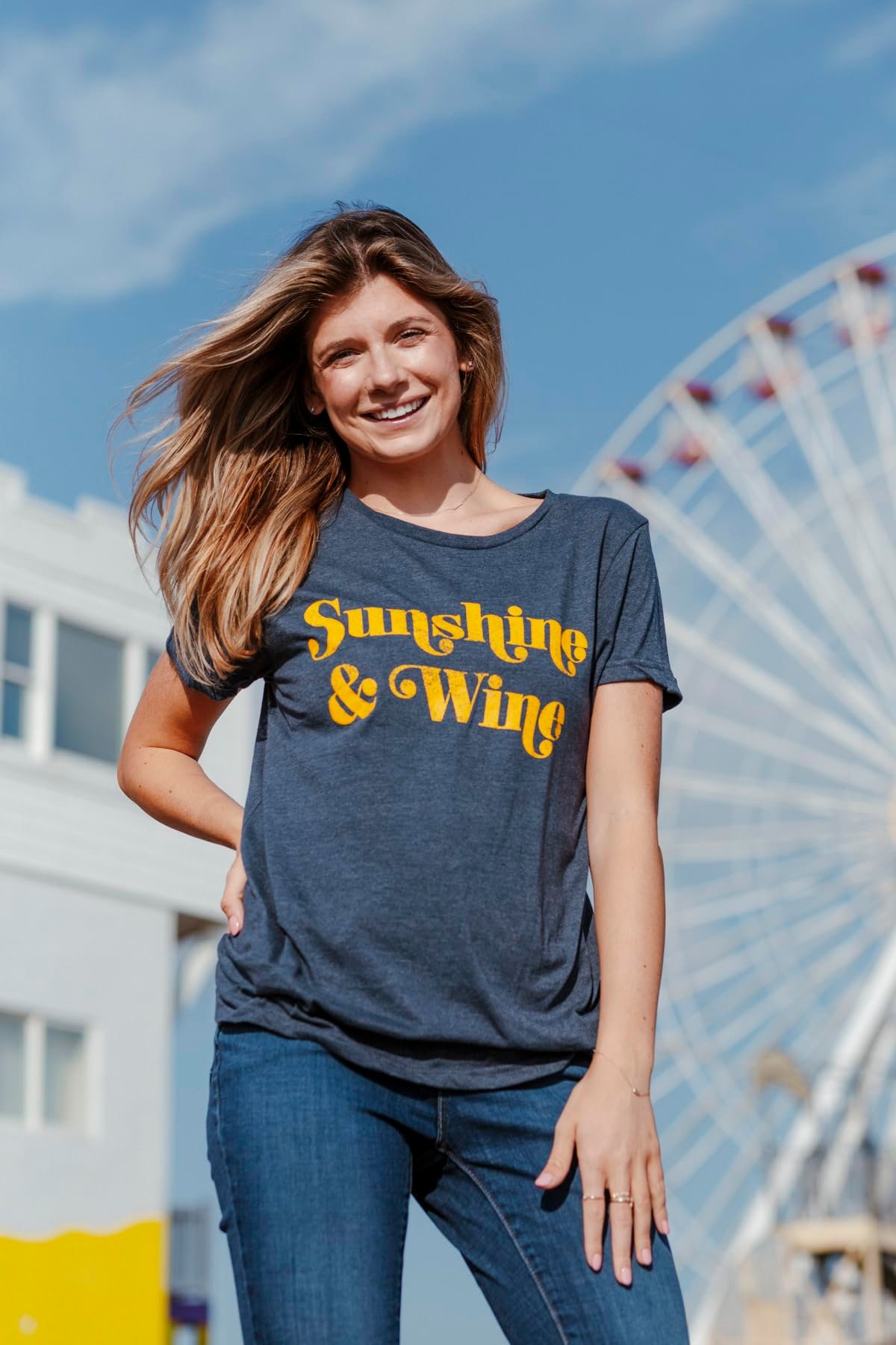 Funny Drinking Shirt – Sunshine & Wine Retro Drinking Tee for Women, Cute Summer Outfit & Wine Lover Gift - Navy - L - Image 5