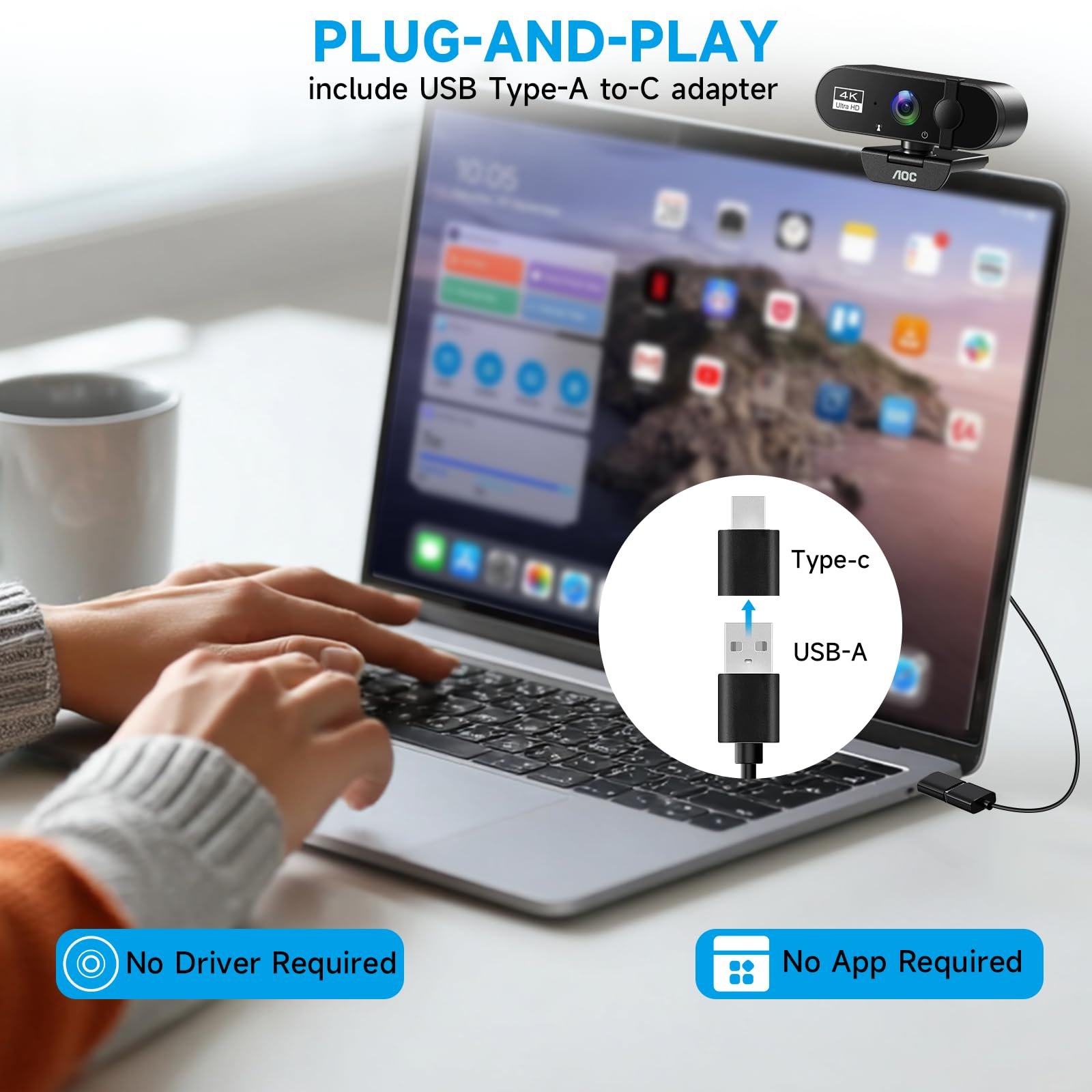 AOC 4k Webcam for PC with Microphone, Computer Camera with Noise Cancellation, Privacy Cover, 99° FOV, Plug & Play USB Webcam for Streaming, Conferencing, Zoom, Skype, Facetime, Laptop, PC, Skype - Image 6