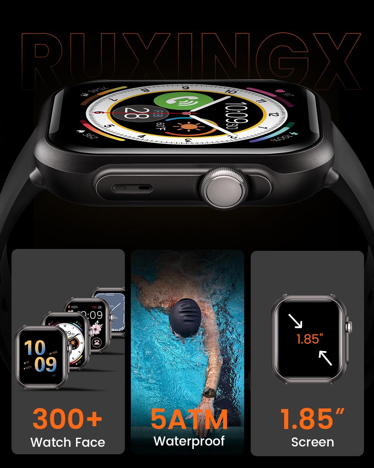 RUXINGX Smart Watch for Women Men: Smartwatch with SpO2 Sleep Track & Heart Rate Monitor, Bluetooth Calling for iPhone Android, 30-Day Long Battery, 120+ Fitness Modes, IP68 Waterproof, Reloj - Image 3