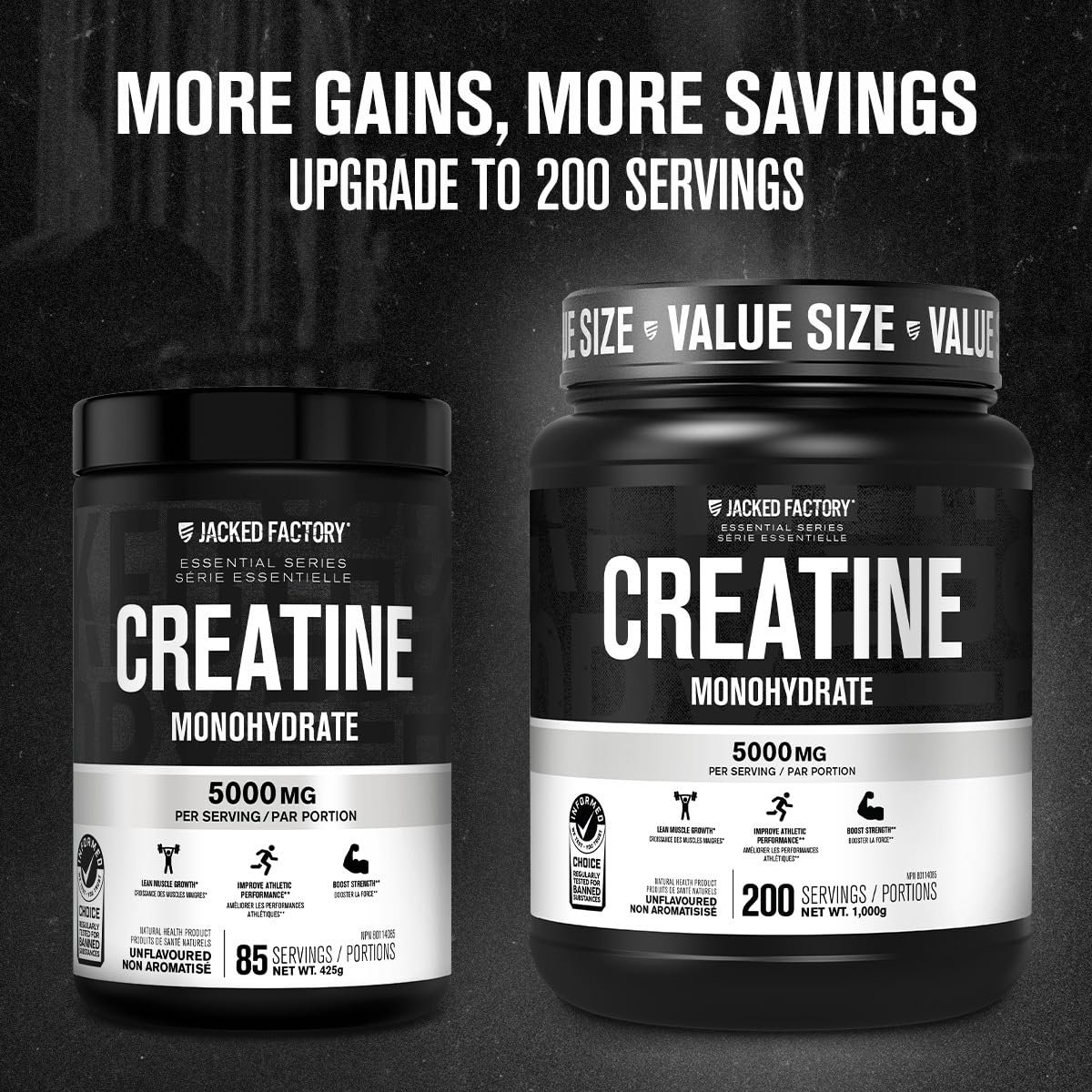 Jacked Factory Creatine Monohydrate Powder 425g - Canadian-Owned Informed Choice Certified Supplement for Increased Muscle Mass*, Improved Strength, Power, & Performance** - 85 Servings, Unflavored - Image 5