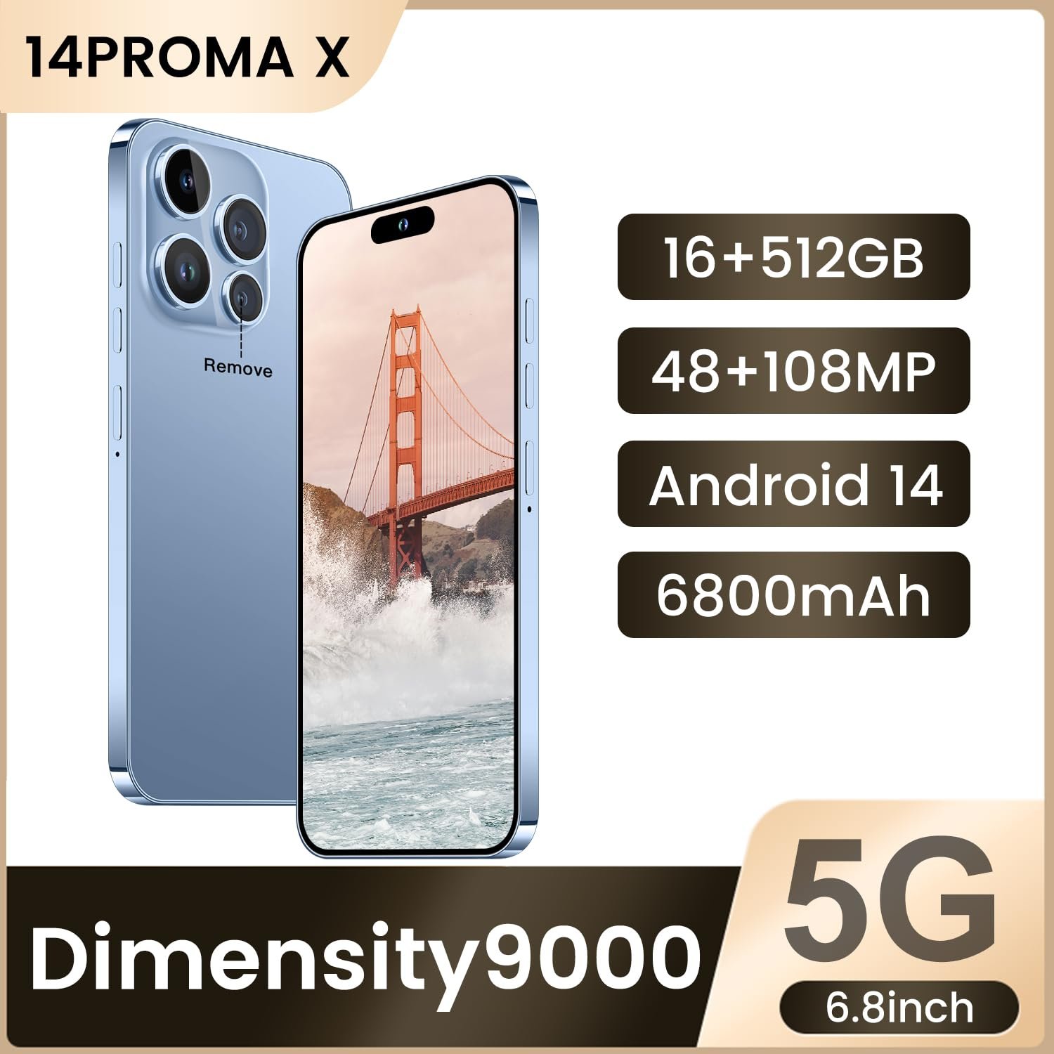 Huness 14PROMA X Smartphone Unlocked Cell Phone,Battery 6800mAh 6.82" HD Screen Unlocked Phones,16+512GB Android 14 with 128GB Memory Card,Dual SIM/Fingerprint Lock/Face ID/GPS (Blue, 16+512G) - Image 6