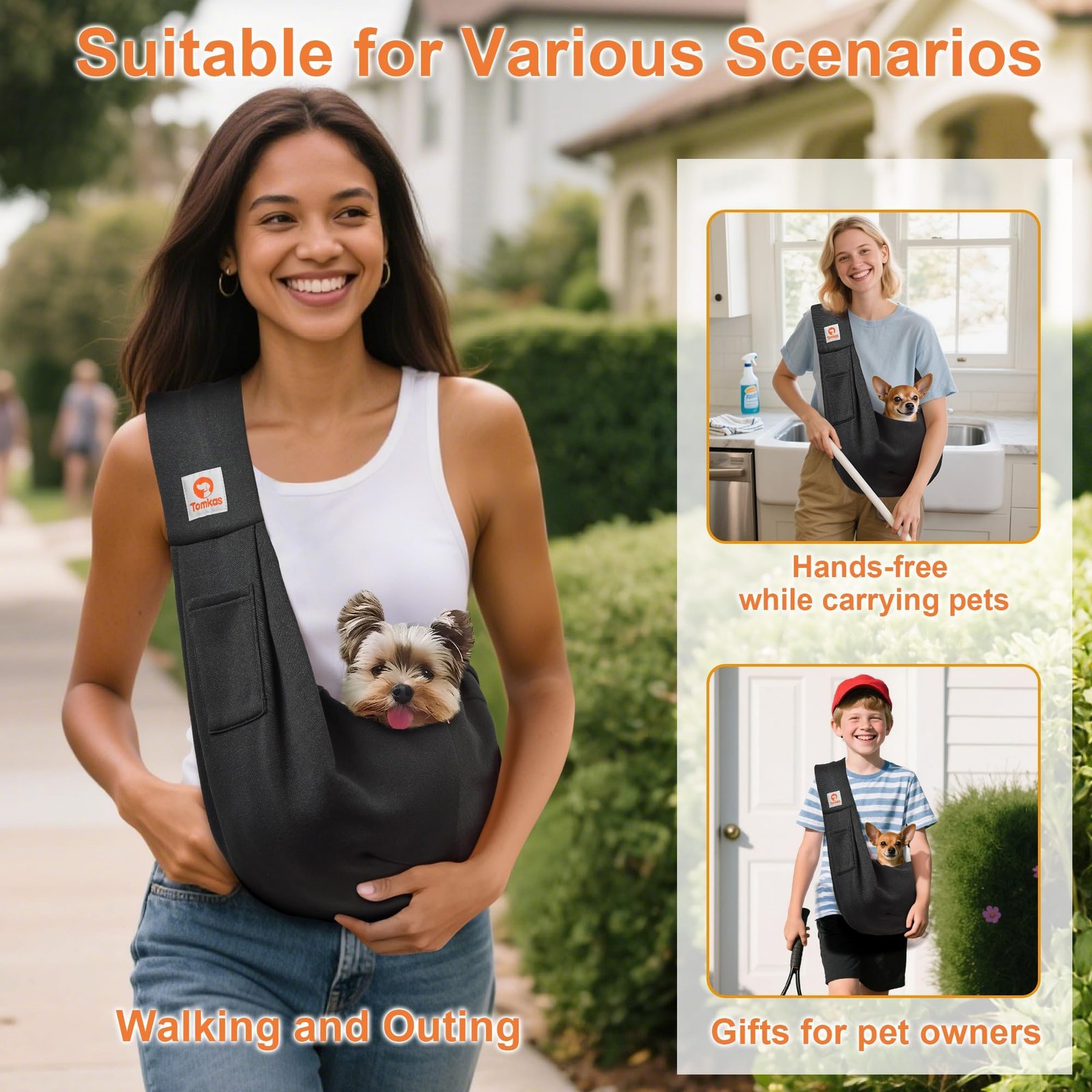Tomkas Small Dog Sling Carrier - Classic Pocket & Classic Strap - for 3-10 lbs Pets(Black) - Image 9