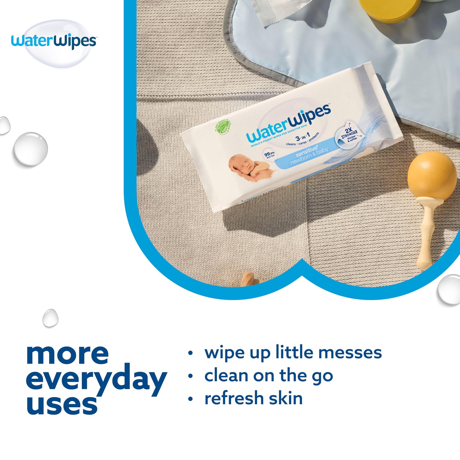 WaterWipes Sensitive+ Newborn & Baby Wipes, 3-In-1 Cleans, Cares, Protects, 99.9% Water, Unscented & Hypoallergenic, 300 Count (5 Packs) - Image 7