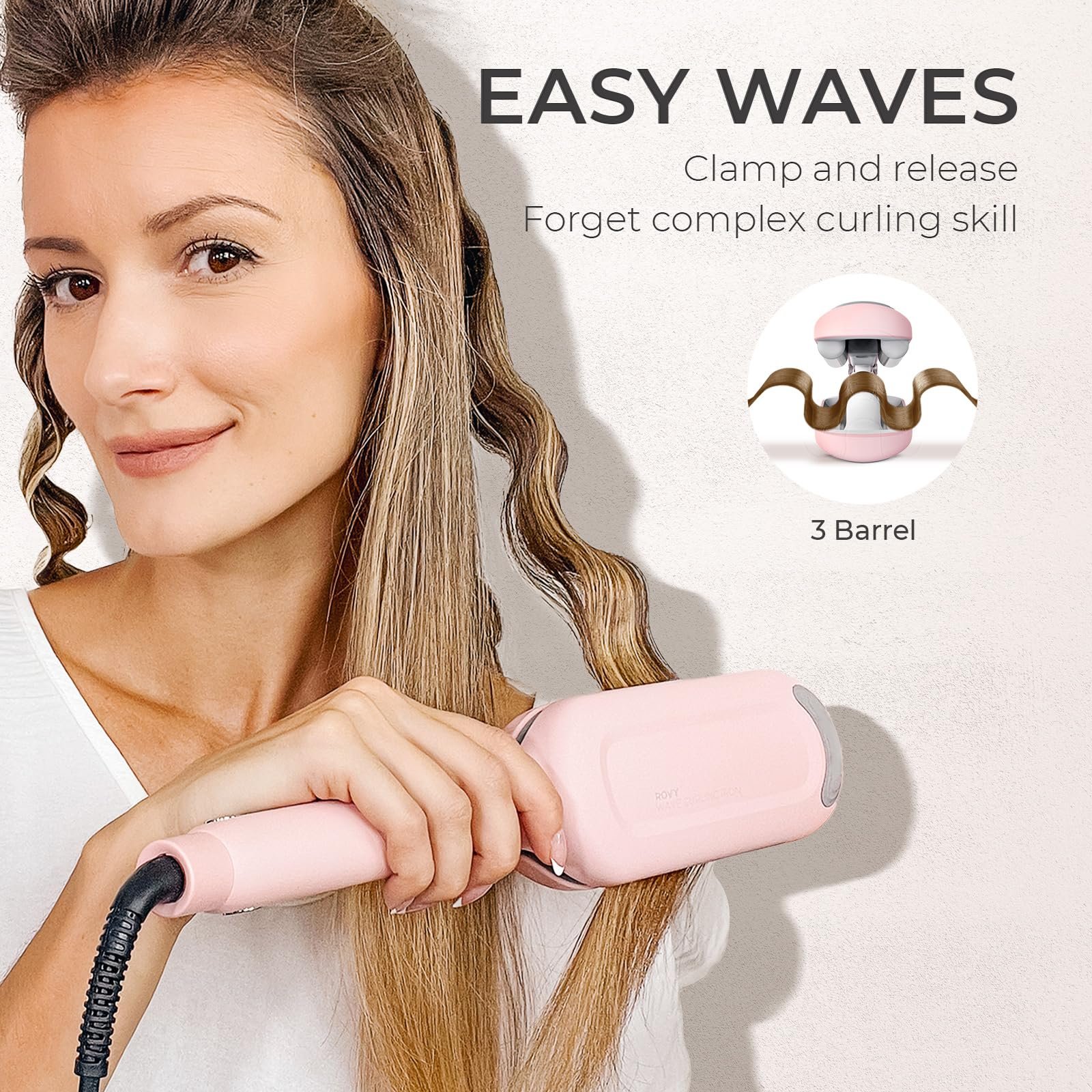 TYMO ROVY Hair Waver Curling Iron, 3-Barrel Ionic Hair Curler with 9 Heat Settings, Beach Waves Crimper for Women, Travel-Friendly, Anti-Scald, Fast Heating, Easy to Use, Pink, 1.25 inch - Image 7