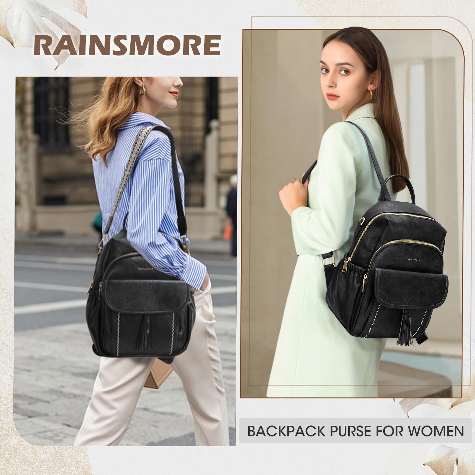 RAINSMORE Backpack Purse for Women Fashion Leather Waterproof Casual Small Travel Backpack Convertible Ladies Shoulder Bag, Black - Image 7