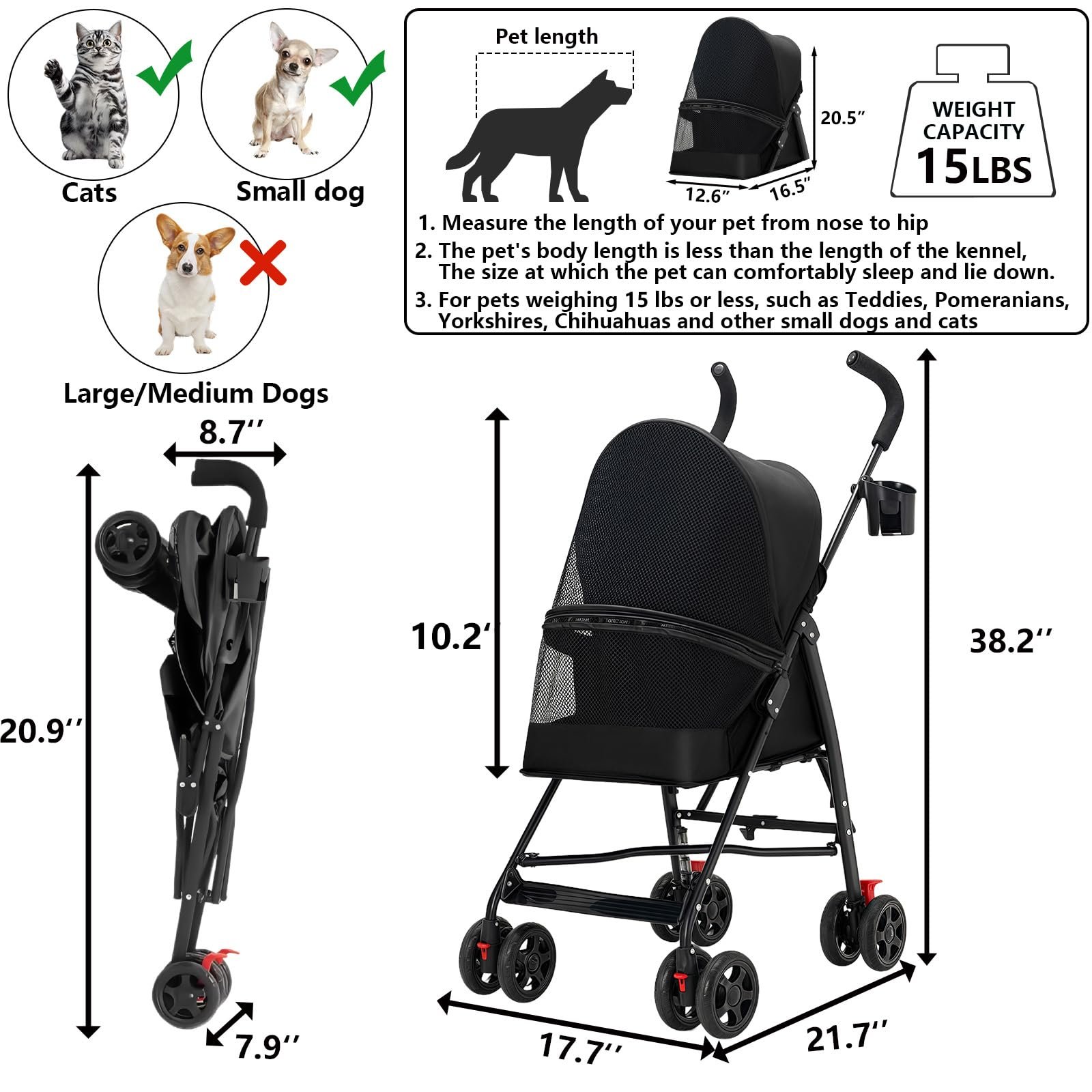 Pet Stroller with Mesh Ventilation, Lightweight Foldable Design, Cup Holder, Black - Image 7