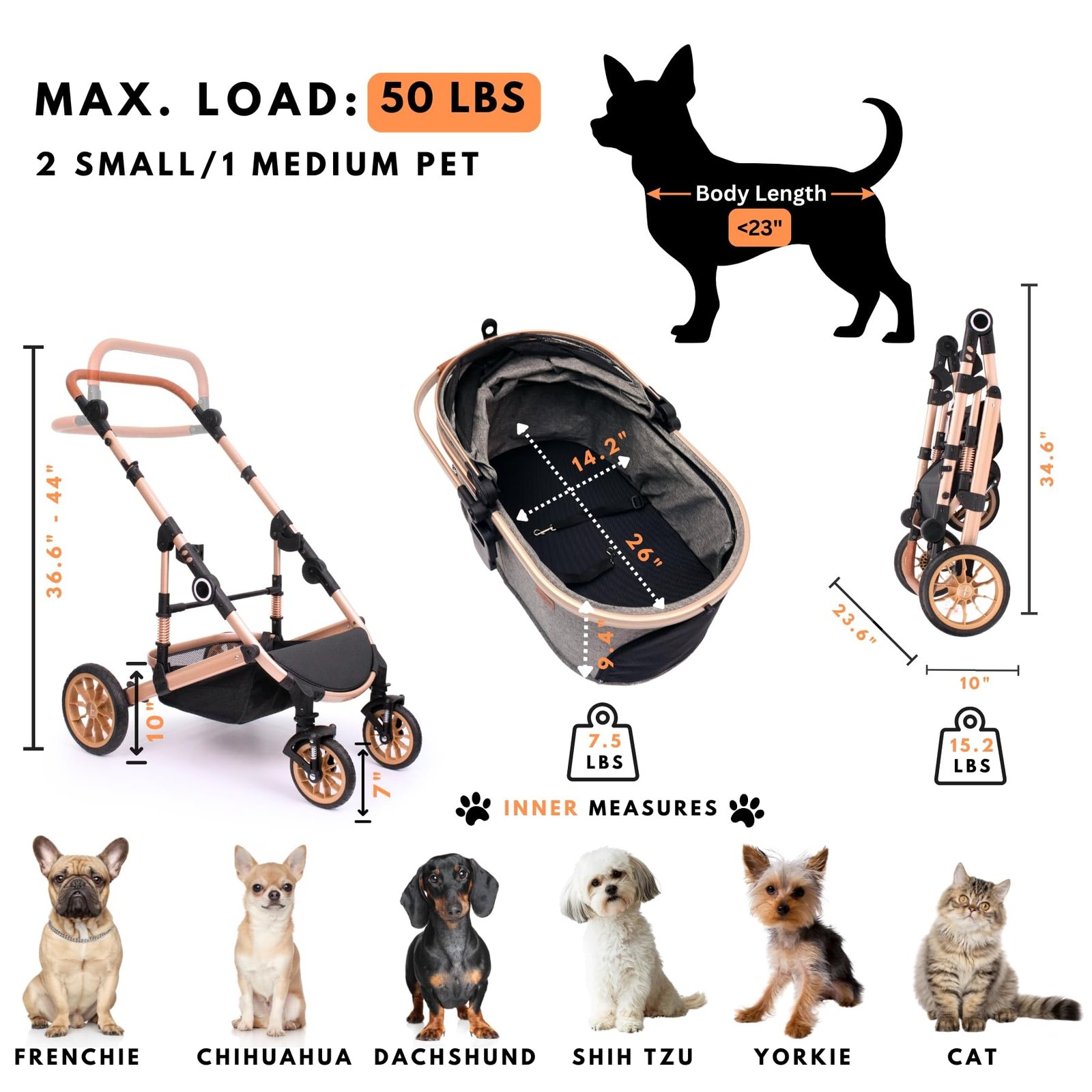 Pet Stroller with 4 Wheels, Foldable Pet Travel Carrier for Small/Medium Dogs Cats up to 50lbs, Detachble Portable Pet Bag, Storage Basket, Car Seat 3 in 1 Multifunctional (Grey) - Image 5