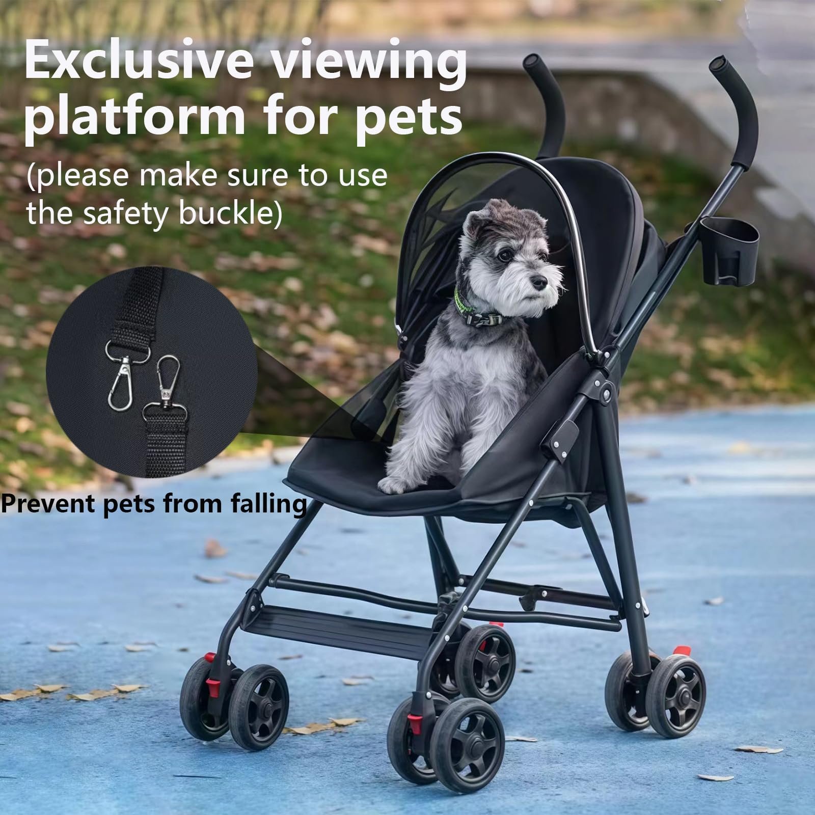 Pet Stroller with Mesh Ventilation, Lightweight Foldable Design, Cup Holder, Black - Image 4