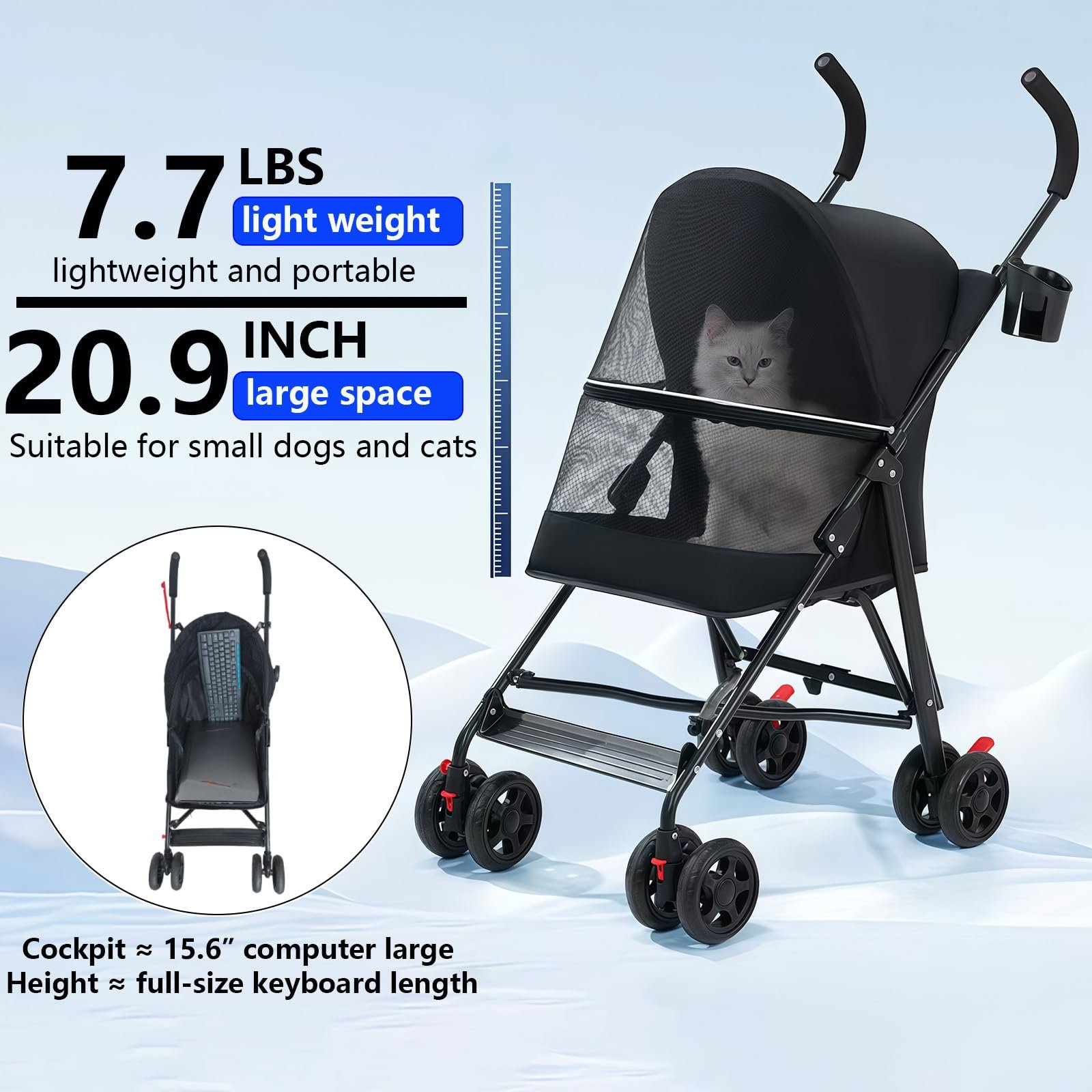 Pet Stroller with Mesh Ventilation, Lightweight Foldable Design, Cup Holder, Black - Image 5