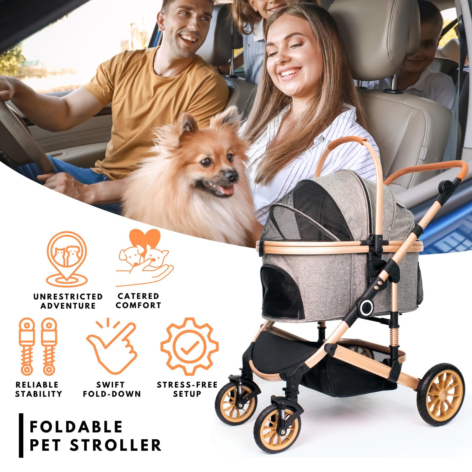 Pet Stroller with 4 Wheels, Foldable Pet Travel Carrier for Small/Medium Dogs Cats up to 50lbs, Detachble Portable Pet Bag, Storage Basket, Car Seat 3 in 1 Multifunctional (Grey) - Image 8