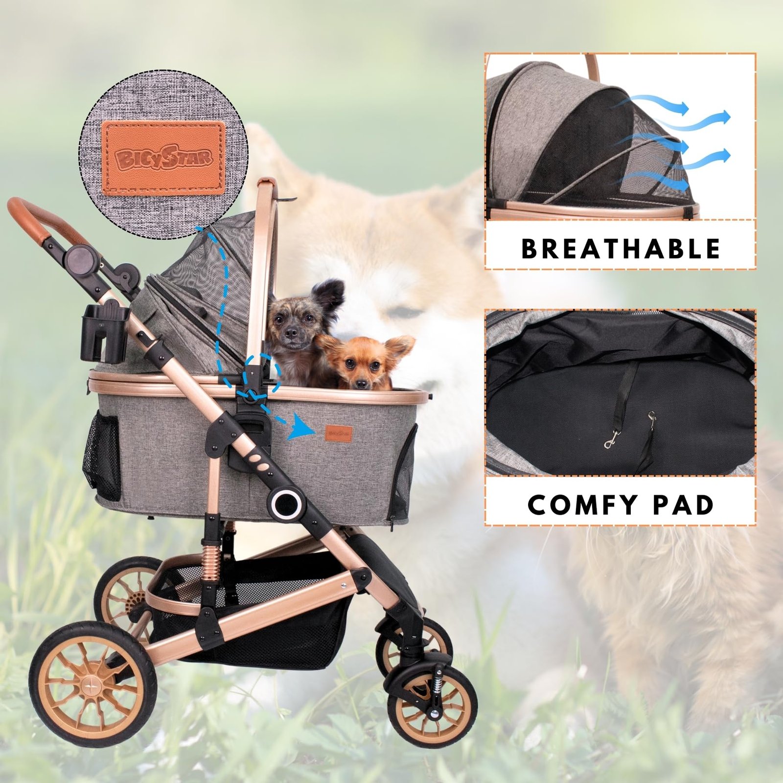 Pet Stroller with 4 Wheels, Foldable Pet Travel Carrier for Small/Medium Dogs Cats up to 50lbs, Detachble Portable Pet Bag, Storage Basket, Car Seat 3 in 1 Multifunctional (Grey) - Image 6