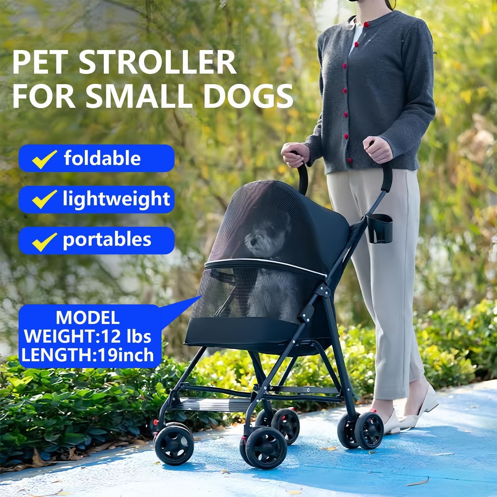 Pet Stroller with Mesh Ventilation, Lightweight Foldable Design, Cup Holder, Black - Image 6
