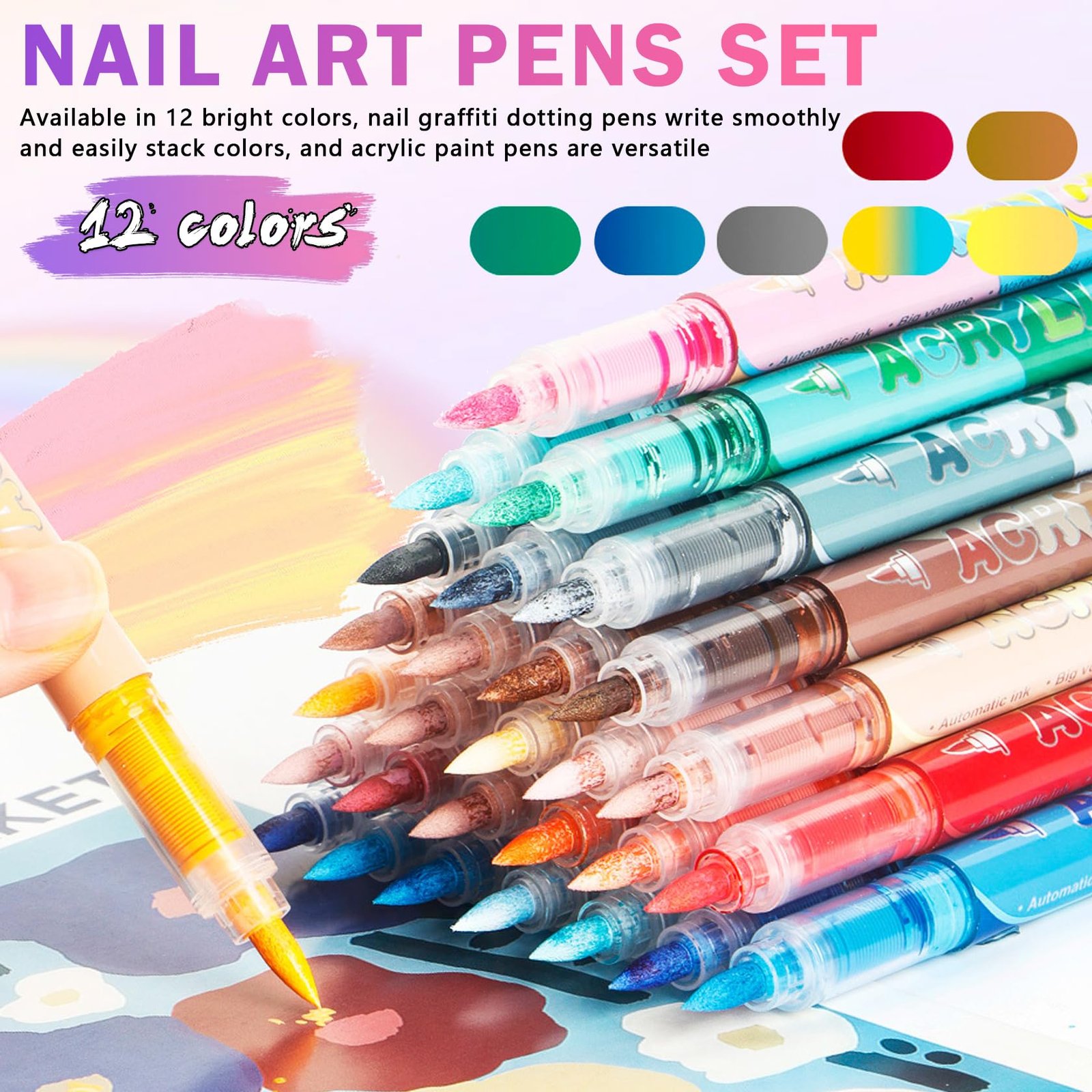 XINGXYUEL 12 Colors Nail Art Pens Set, Nail Art Markers Polish Pens for Painting Nails, Acrylic Paint Drawing Painting Dotting Markers Pen Quick Drying Nail Art Design Manicure Tools - Image 8