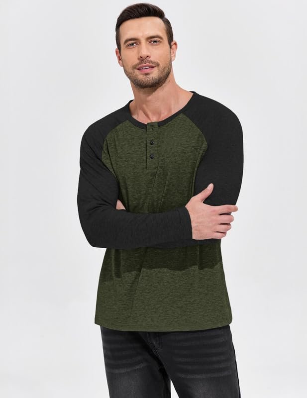 TARAINYA Henley Shirt Men Cotton 3-Button Casual Long Sleeve T-Shirt Slim Fit Big & Tall Army Green Black XL - Image 9