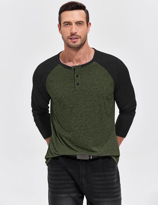 TARAINYA Henley Shirt Men Cotton 3-Button Casual Long Sleeve T-Shirt Slim Fit Big & Tall Army Green Black XL - Image 8