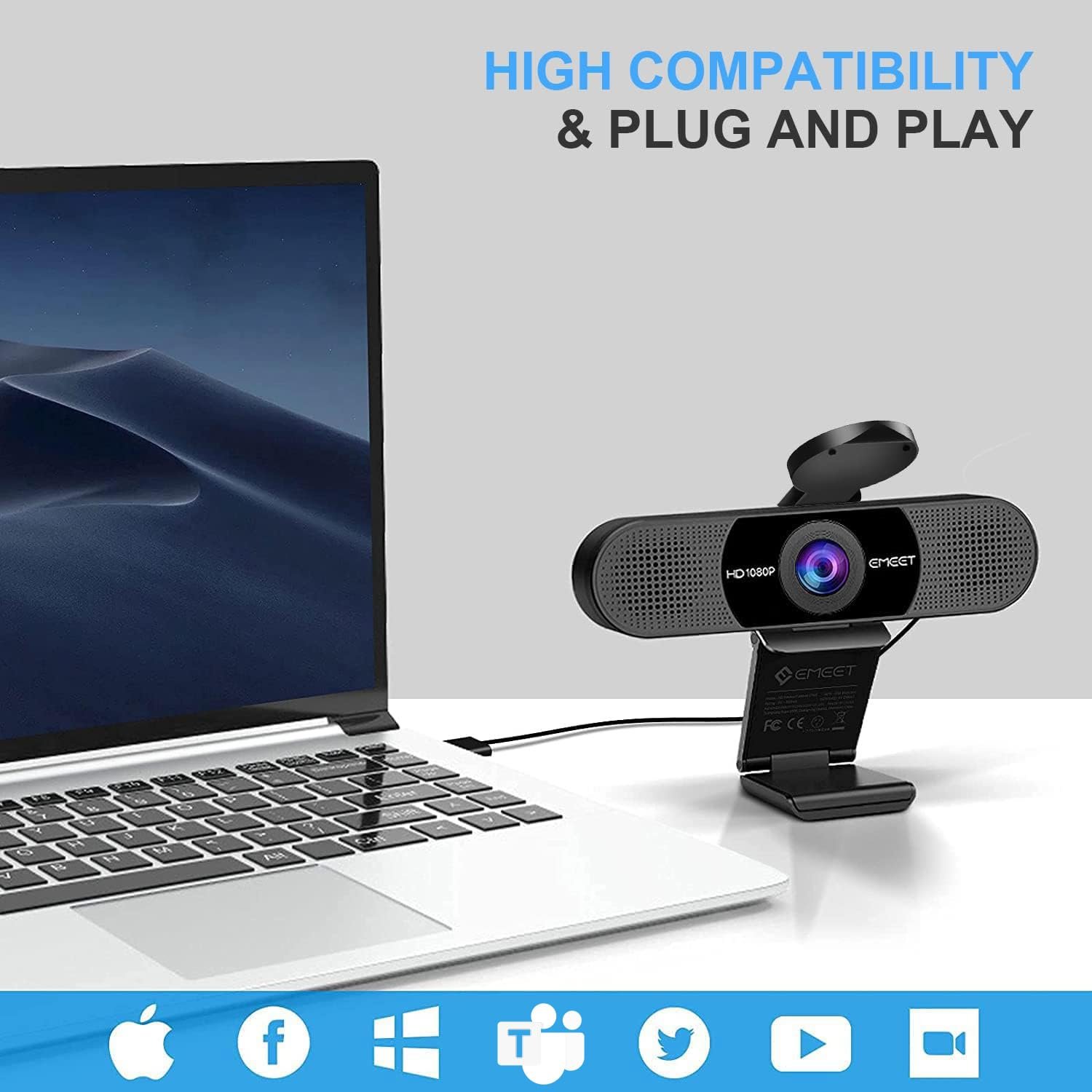 EMEET 1080P Webcam with Microphone, C960 Web Camera, 2 Mics Streaming Webcam, 90°FOV Computer Camera, Plug and Play USB Web Cam for Online Calling/Conferencing, Zoom/Teams/Facetime/YouTube, Laptop/PC - Image 5
