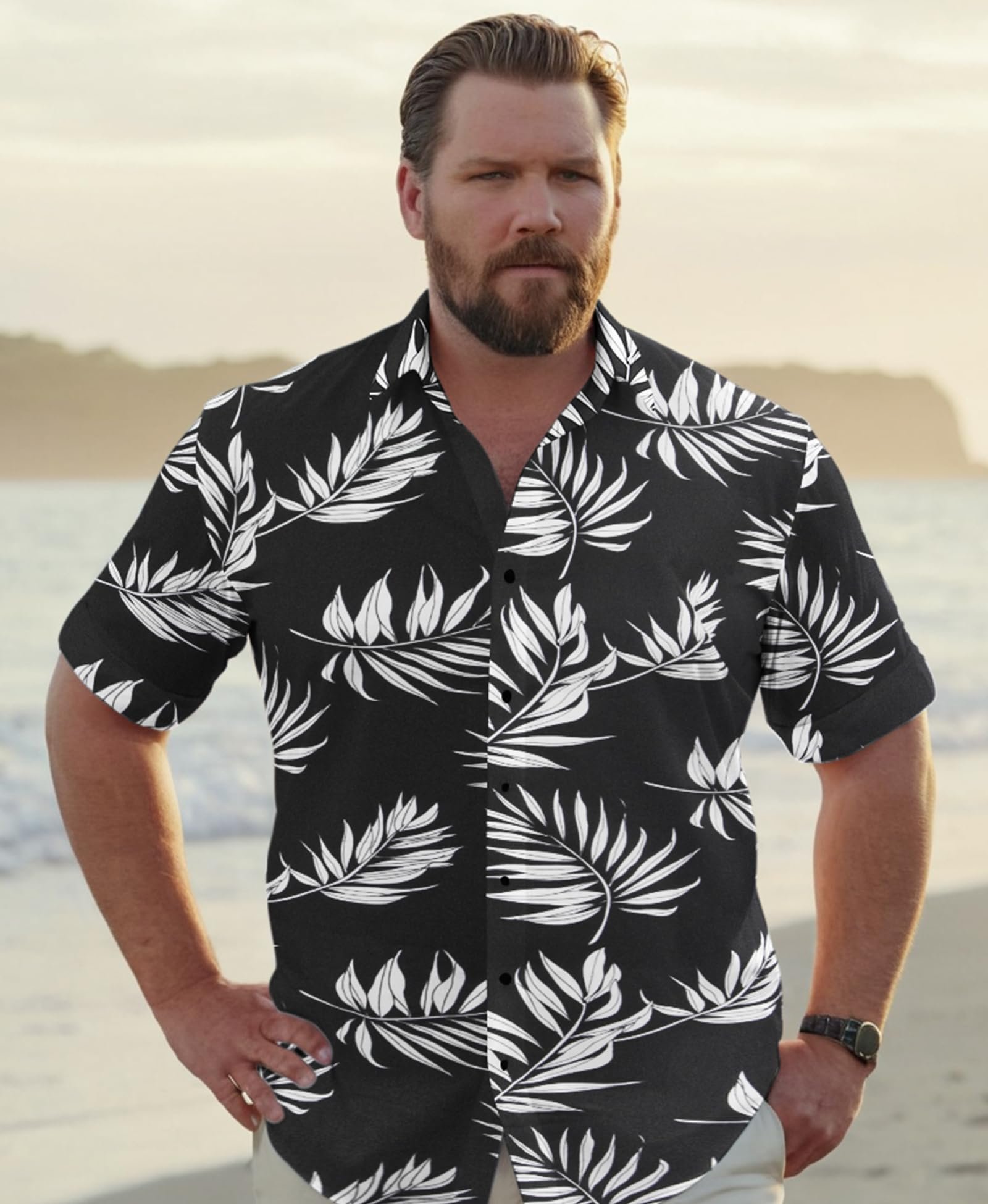 Weecreeture Big and Tall Men’s Hawaiian Shirt Tropical Print Short Sleeve Button-Down Relaxed Fit Beach Shirt for Vacation Black Palm Leaves New 3X-Large - Image 9