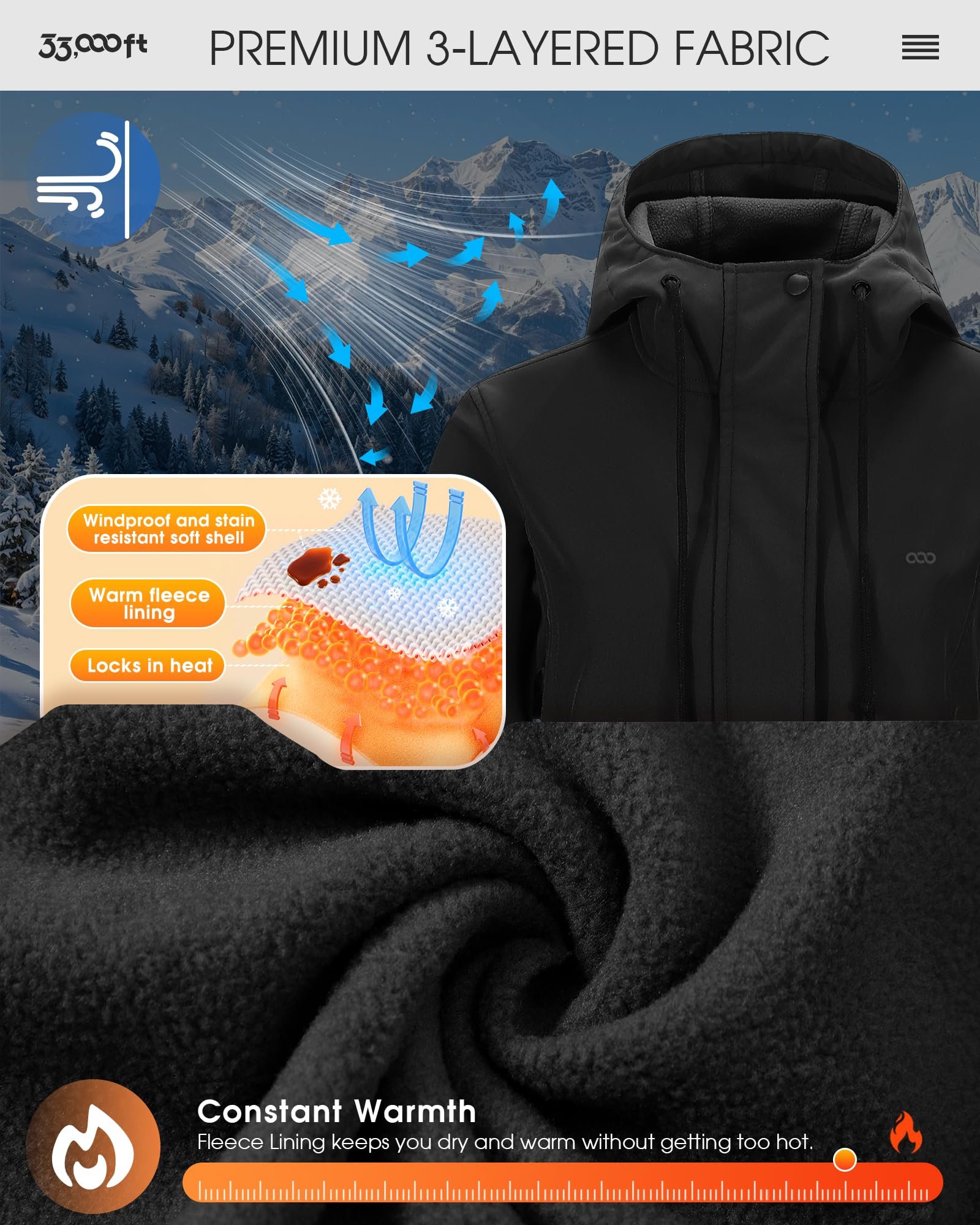 33,000ft Women's Softshell Long Jacket with Hood Fleece Lined Windproof Warm up Waterproof Windbreaker - Image 3