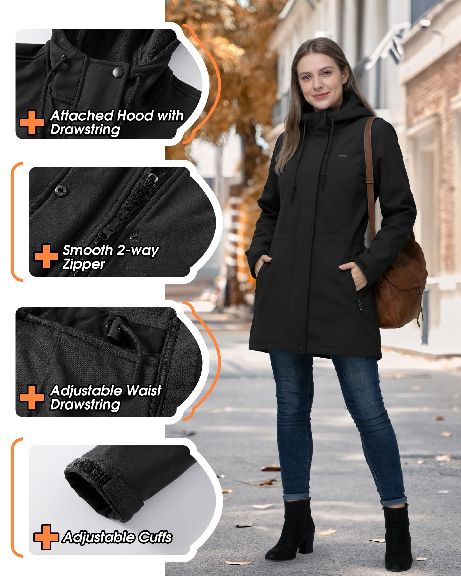 33,000ft Women's Softshell Long Jacket with Hood Fleece Lined Windproof Warm up Waterproof Windbreaker - Image 6