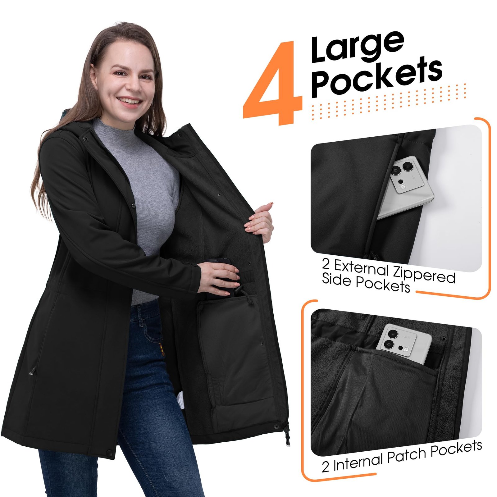 33,000ft Women's Softshell Long Jacket with Hood Fleece Lined Windproof Warm up Waterproof Windbreaker - Image 5