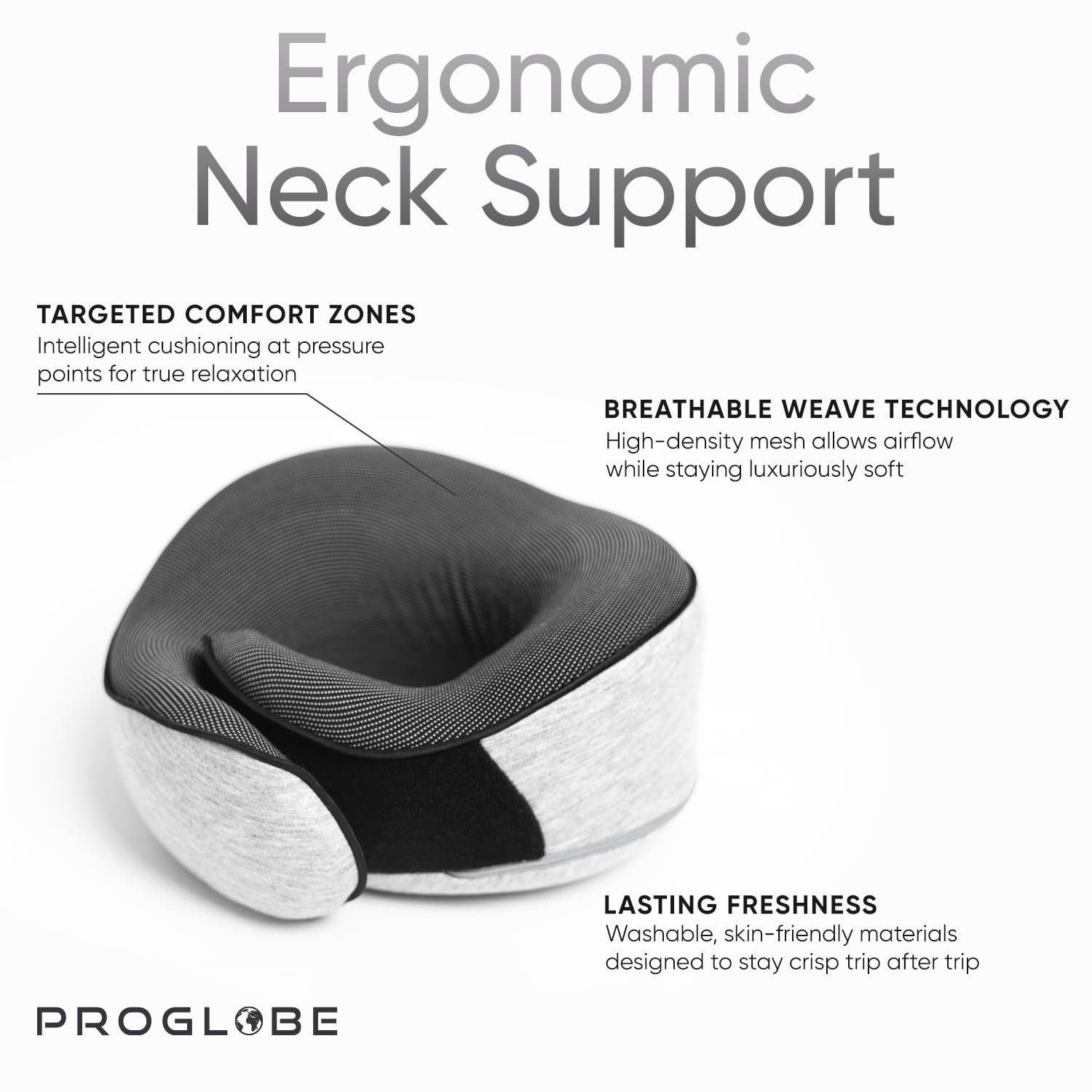 Proglobe Orthopedic Neck Pillow Travel Neck Pillows for Airplanes, Memory Foam Kit, Updated Resting Material, Airplane Travel Set with 3D Contoured Eye Masks, Earplugs, and Luxury Mesh Bag (Grey) - Image 6