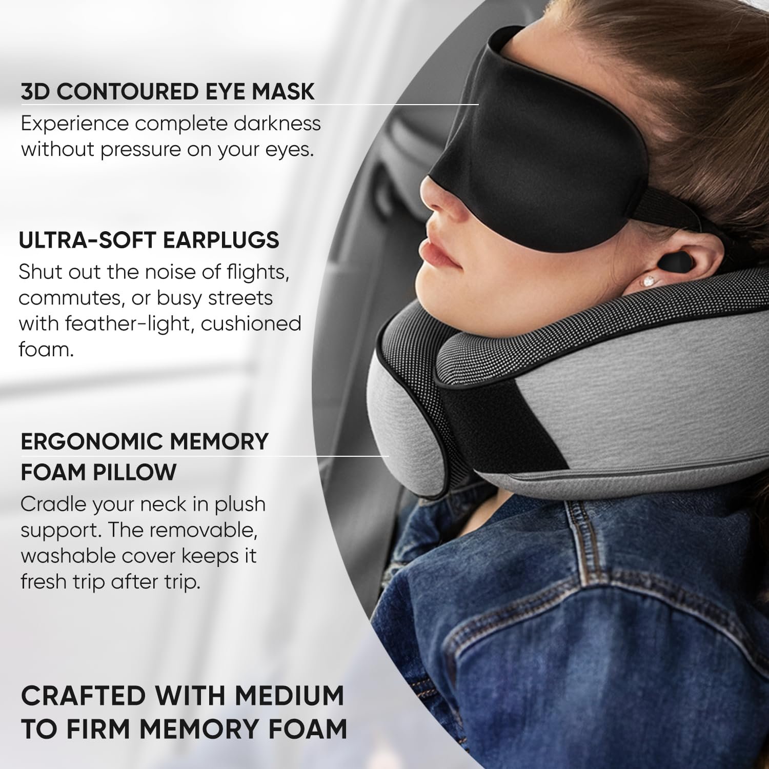 Proglobe Orthopedic Neck Pillow Travel Neck Pillows for Airplanes, Memory Foam Kit, Updated Resting Material, Airplane Travel Set with 3D Contoured Eye Masks, Earplugs, and Luxury Mesh Bag (Grey) - Image 5