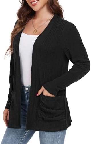 GRECERELLE Cardigan for Women Lightweight Open Front Long Sleeve Ribbed Knit Ladies Casual Sweater Outerwear with Pockets - Black - Image 3