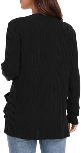 GRECERELLE Cardigan for Women Lightweight Open Front Long Sleeve Ribbed Knit Ladies Casual Sweater Outerwear with Pockets - Black - Image 4