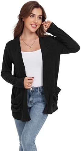 GRECERELLE Cardigan for Women Lightweight Open Front Long Sleeve Ribbed Knit Ladies Casual Sweater Outerwear with Pockets - Black - Image 5