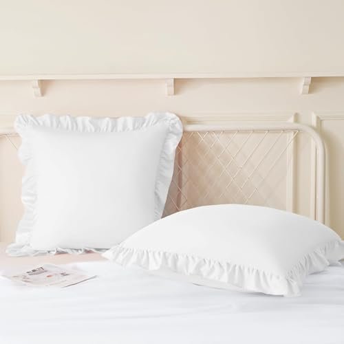 Ruffle Pillow Cases 18x18 Inches, White Square Ruffled Pillow Covers Set of 2, Microfiber Wrinkle Resistant Pillow Shams with Envelope Closure for Sofa Bed Living Room (White, 18" x 18" (Pack of 2)) - Colour Name : White - Size : 18" x 18" (Pack of 2) - Image 6