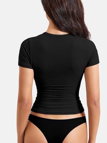 YEOREO Women's Double Lined Fitted Basic Tops Casual Short Sleeve Crew Neck T Shirt - Colour Name : Black - Size : Medium - Image 4