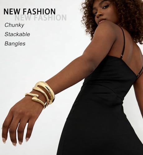 Chunky Gold Bangle Bracelets for Women, Dainty 14k Gold Plated Big Stackable Bangles Set, Trendy Cuff Bracelet Stack Fashion Jewelry Gifts (A1 gold bangles) - Colour Name : A1: Gold Bangles - Image 3