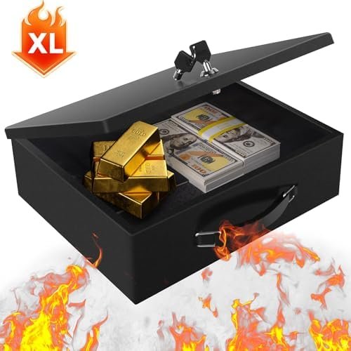 Fireproof Document Box, Fire Resistant Safe Box with Key Lock for Home, Portable Fireproof Lock Box for Personal Items, Passport, Cash, Tablet, X Large 13.2" x 11" x 4.13" - Colour Name : Black Xl+key - Image 8