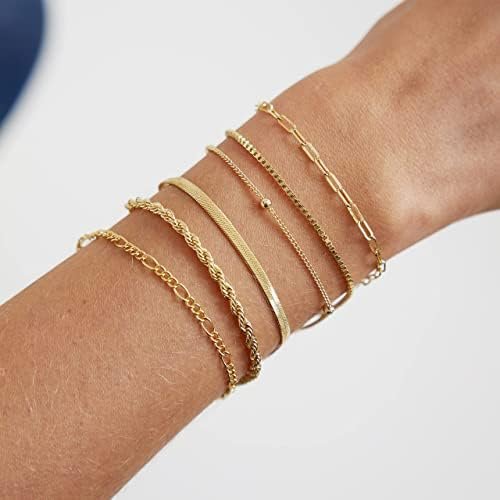 JECOMY Gold Bracelets for Women Gold Chain Bracelet 6 Sets for Women 14K Gold Plated Dainty Link Paperclip Bracelets Cuba Stackable Layered Metal Link Bracelet - Colour Name : Paperclip/Figaro - Image 5