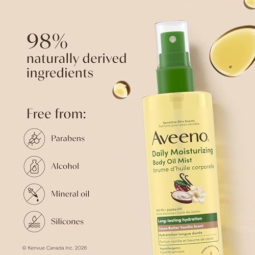 Aveeno Daily Moisturizing Body Oil Mist with Cocoa Butter Vanilla Scent, Oat Oil, & Jojoba Oil, Lightweight Oil Provides Long Lasting Hydration, Hypoallergenic, 200 mL - Size : 200 ml (Pack of 1) - Style : Scented Oil Mist - Image 7