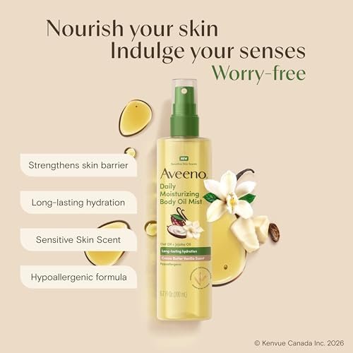 Aveeno Daily Moisturizing Body Oil Mist with Cocoa Butter Vanilla Scent, Oat Oil, & Jojoba Oil, Lightweight Oil Provides Long Lasting Hydration, Hypoallergenic, 200 mL - Size : 200 ml (Pack of 1) - Style : Scented Oil Mist - Image 3
