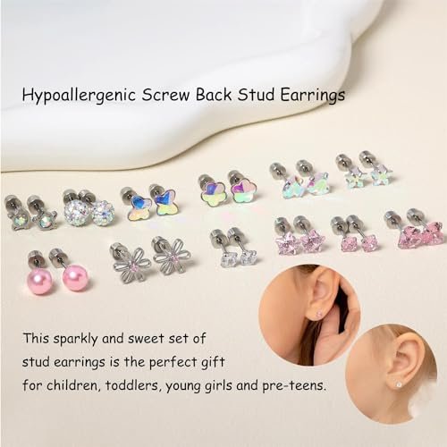 12 Pairs Toddler Earrings,Hypoallergenic Titanium Screw Back Earrings for Girls Women,Surgical Stainless Steel Cute Flower Pearl Star Cubic Zirconia Flat Back Stud Earrings for Sensitive Ears - Style : 12 Pairs Toddler Earrings - Image 6