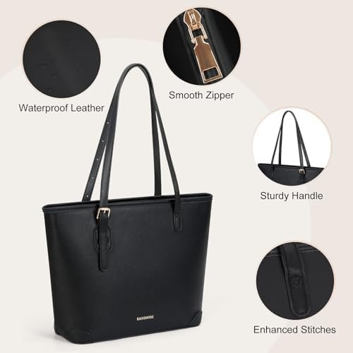 RAINSMORE Tote Bags for Women PU Leather Work Tote Bags Large Capacity tote bag with zipper Shoulder Purse bag - Colour Name : Black - Image 5