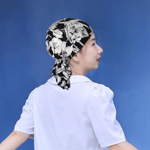 4pcs Pre-Tied Chemo Head Scarf Beanie Covers Cap Head Scarves Sleep Turban Hat Women Bandana with Stretch Print Ruffle Blue, Blue, 0 - Image 6