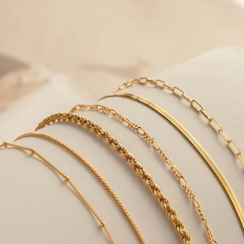 JECOMY Gold Bracelets for Women Gold Chain Bracelet 6 Sets for Women 14K Gold Plated Dainty Link Paperclip Bracelets Cuba Stackable Layered Metal Link Bracelet - Colour Name : Paperclip/Figaro - Image 6