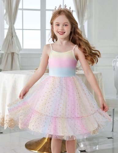 Arshiner Toddler Girl Tulle Dress Rainbow Tutu Party Princess Dresses Fairy Outfit Spring Clothes Colour Name : Rainbow - Dot Tulle - Size : 4-5T - Image 2