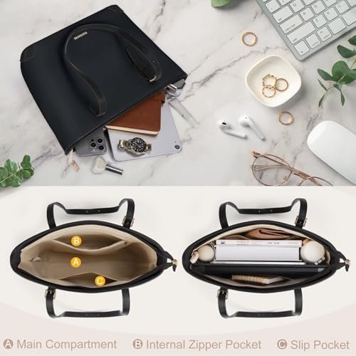 RAINSMORE Tote Bags for Women PU Leather Work Tote Bags Large Capacity tote bag with zipper Shoulder Purse bag - Colour Name : Black - Image 4