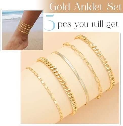 Gold Ankle Bracelets for Women, 14k Gold Plated Waterproof Cuban Link Chain Anklets Set, Layered Anklet Bracelets for Women Beach Gift Adjustable Size 5pc (GOLD-1) - Image 5
