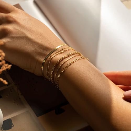 JECOMY Gold Bracelets for Women Gold Chain Bracelet 6 Sets for Women 14K Gold Plated Dainty Link Paperclip Bracelets Cuba Stackable Layered Metal Link Bracelet - Colour Name : Paperclip/Figaro - Image 4