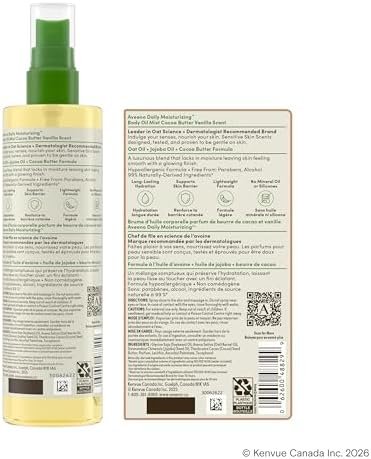 Aveeno Daily Moisturizing Body Oil Mist with Cocoa Butter Vanilla Scent, Oat Oil, & Jojoba Oil, Lightweight Oil Provides Long Lasting Hydration, Hypoallergenic, 200 mL - Size : 200 ml (Pack of 1) - Style : Scented Oil Mist - Image 8